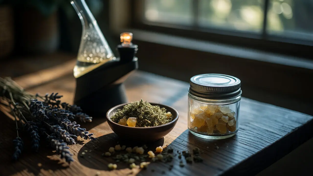 Dab rig a mísa s bylinkami smíchanými s CBD crumble vedle sklenice se shatterem