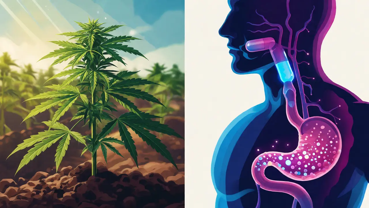 Ilustrace cesty CBD od konopí až do krevního oběhu