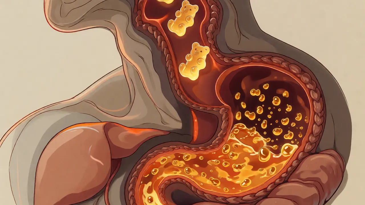 Ilustrace trávicího systému s gumovými medvídky HHC na cestě k játrům