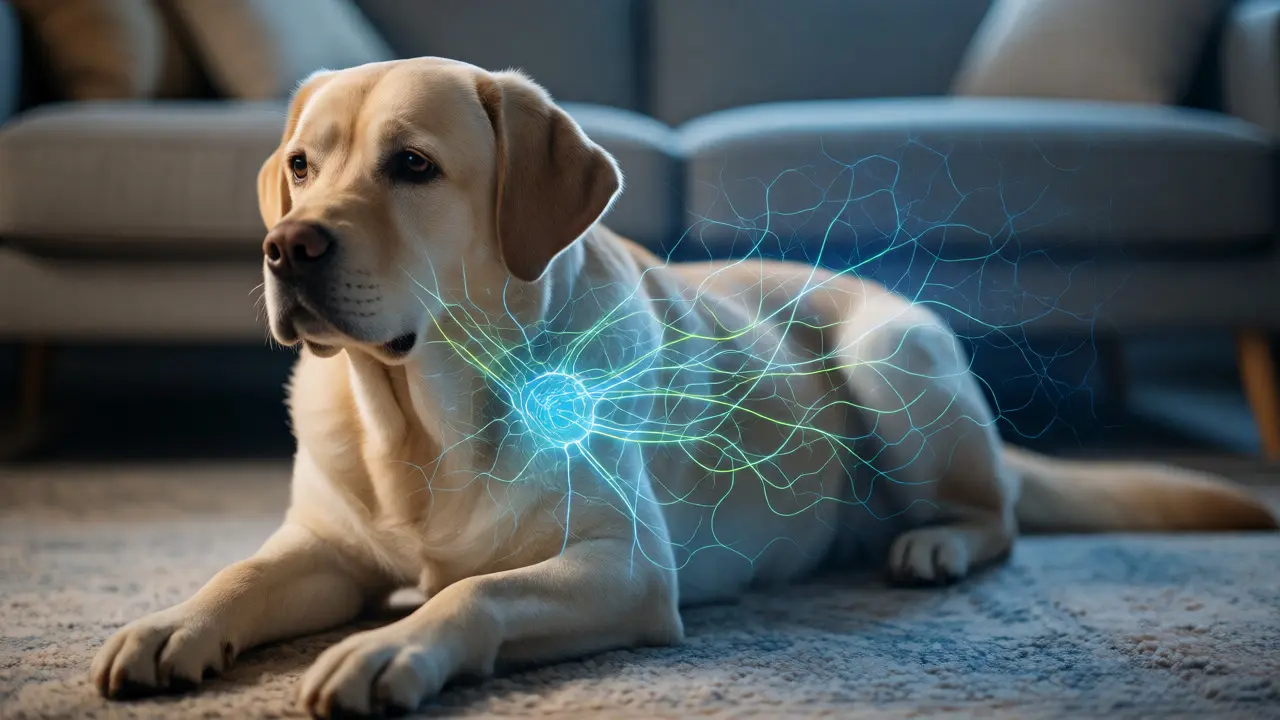 Klidný labrador leží s vizuální reprezentací uklidňujícího endokanabinoidního systému.