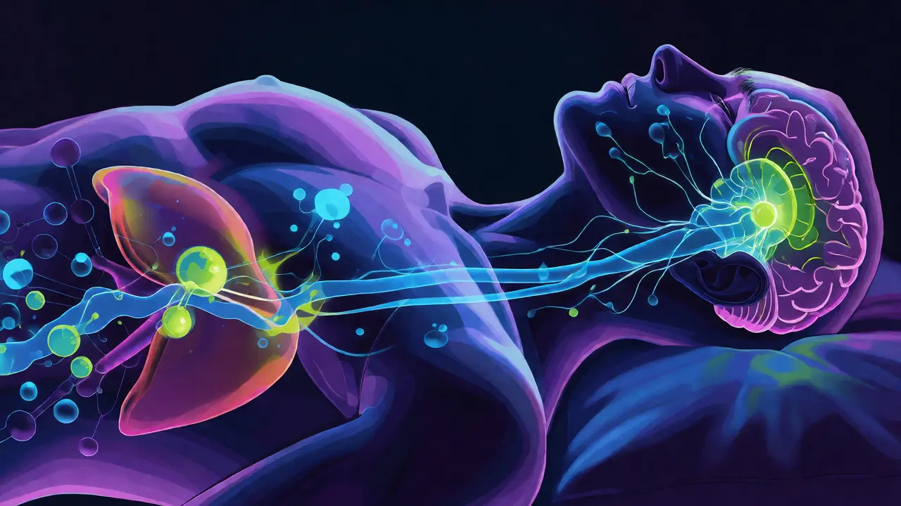 Konceptuální ilustrace interakce kanabinoidů s endokanabinoidním systémem při spánku.