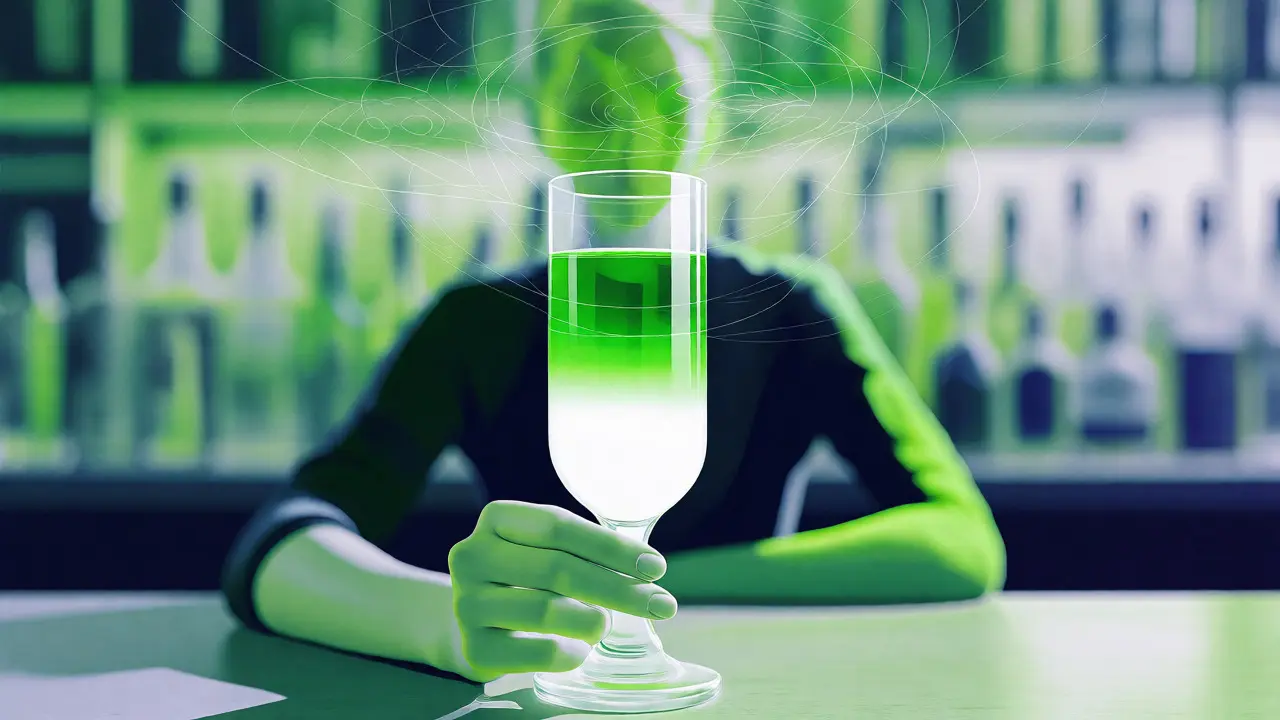 Konceptuální ilustrace vnímání účinků absintu a alkoholu
