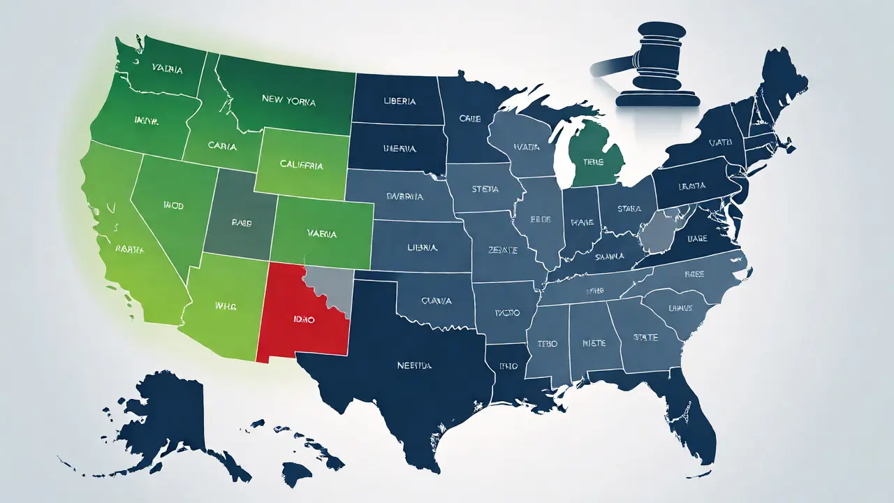 Konceptuální mapa USA znázorňující rozdíly v legalitě CBD mezi státy