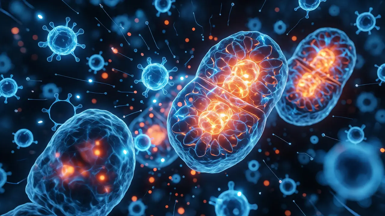 Konceptuální vizualizace molekul THCV interagujících s mitochondriemi v buňce.