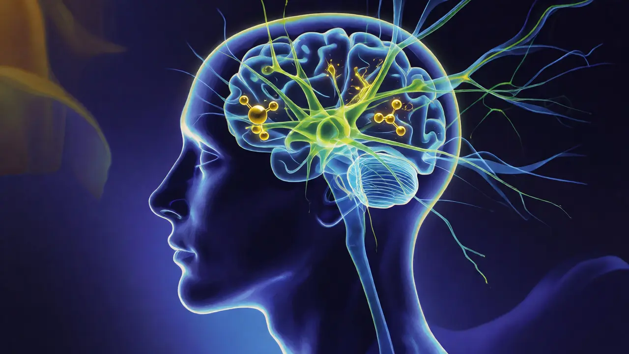 Konceptuální vizualizace účinků thujonu na neurony v mozku