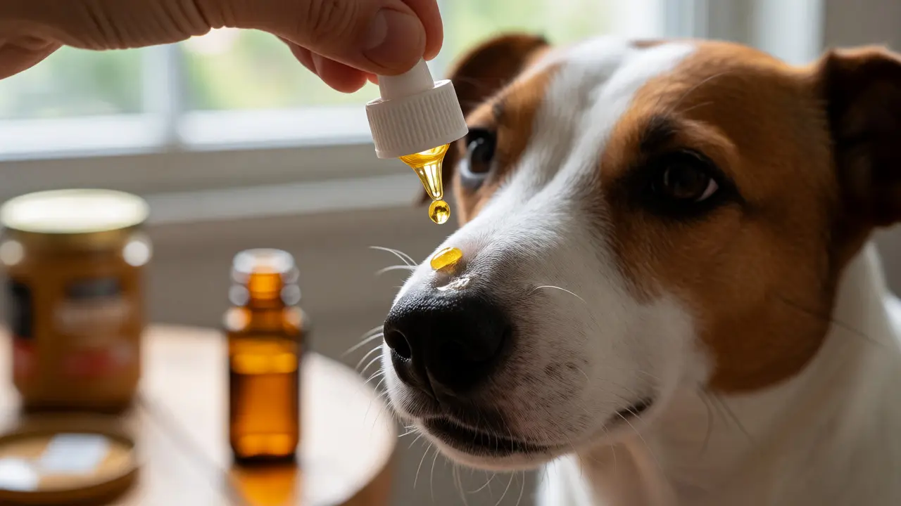 Makro záběr na aplikaci kapky CBD oleje na čenich klidného jack russell teriéra.