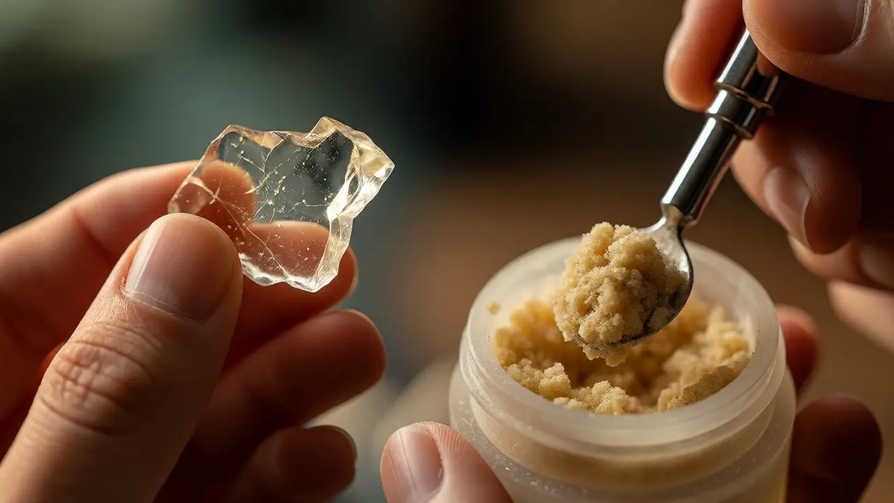 Ruce manipulující s kouskem CBD shatteru a nabírající CBD crumble lžičkou