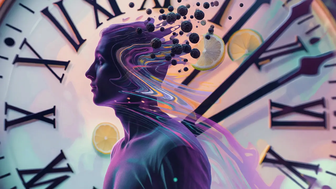 Surrealistická ilustrace závratí a časové distorze po konzumaci konopí.