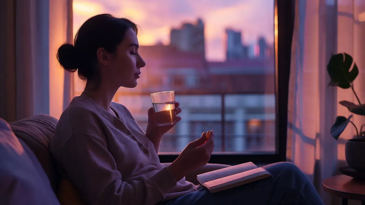 Žena užívající CBD kapsli večer pro relaxaci